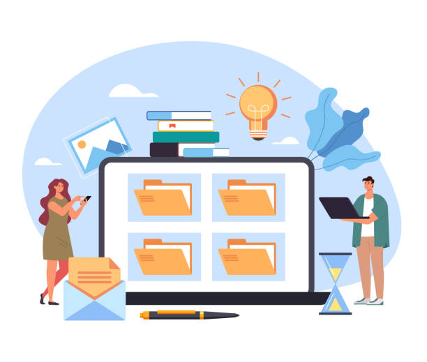 File folder documentation library personal database workplace cabinet organization management concept. Vector flat cartoon graphic design